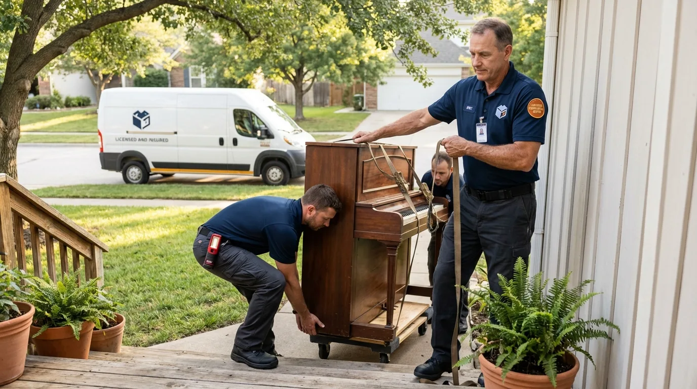 Licensed piano movers securing grand piano in Renville, MN