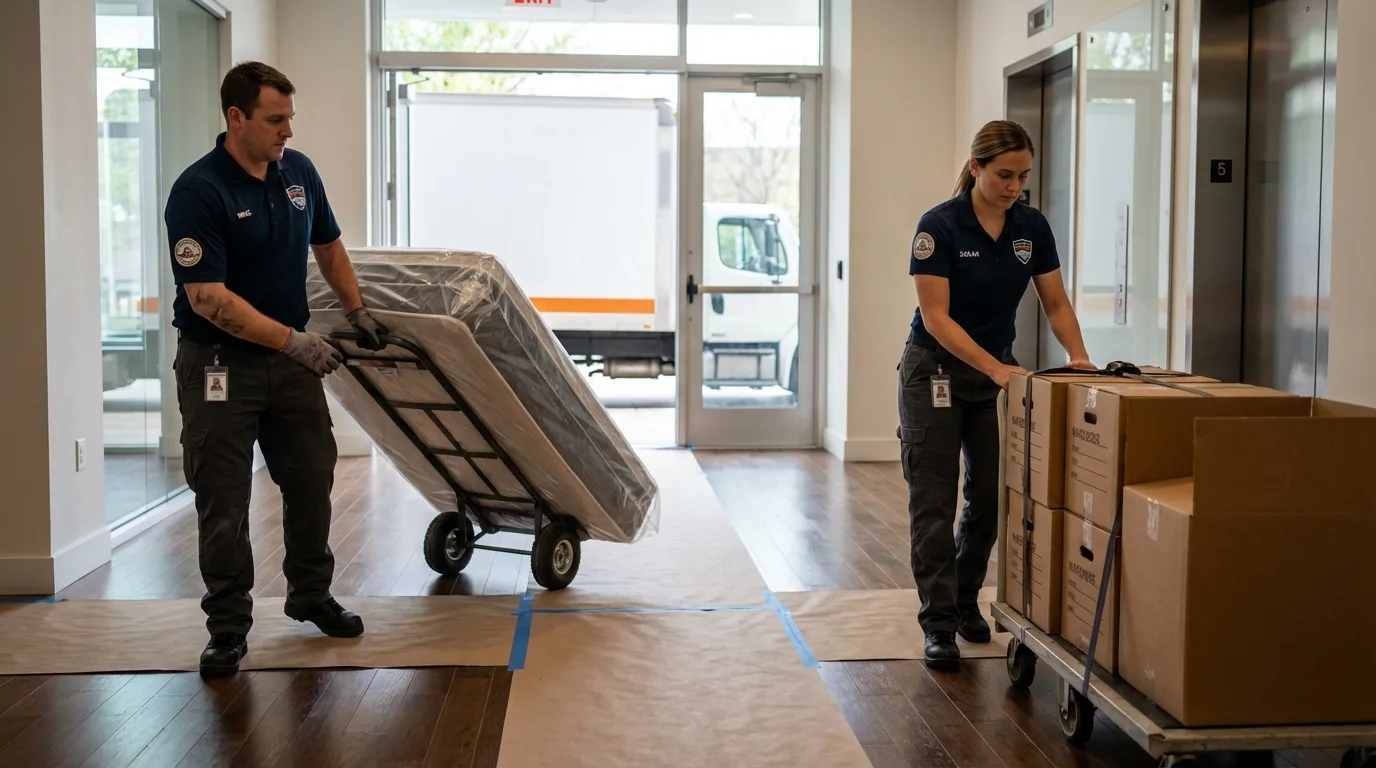Professional apartment movers loading elevator in Renville, MN