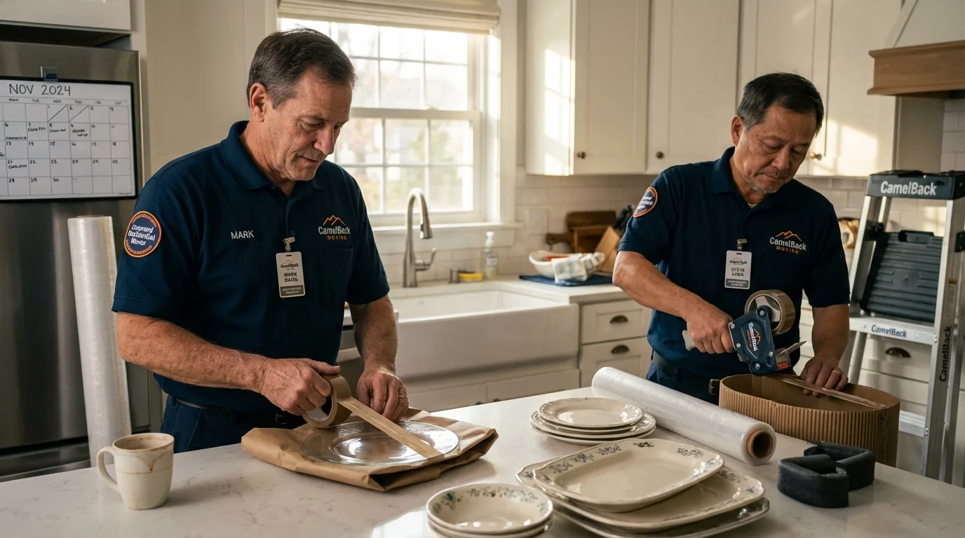 Professional crew packing kitchen dishware in Renville, MN